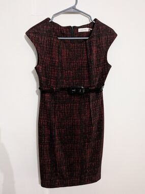 Calvin Klein Red & Black Pleated Sheath Dress with Belt